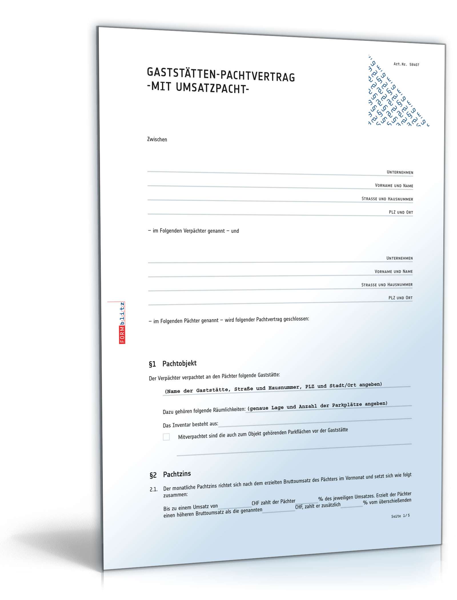 Gaststätten-Pachtvertrag - Muster-Vorlage zum Download