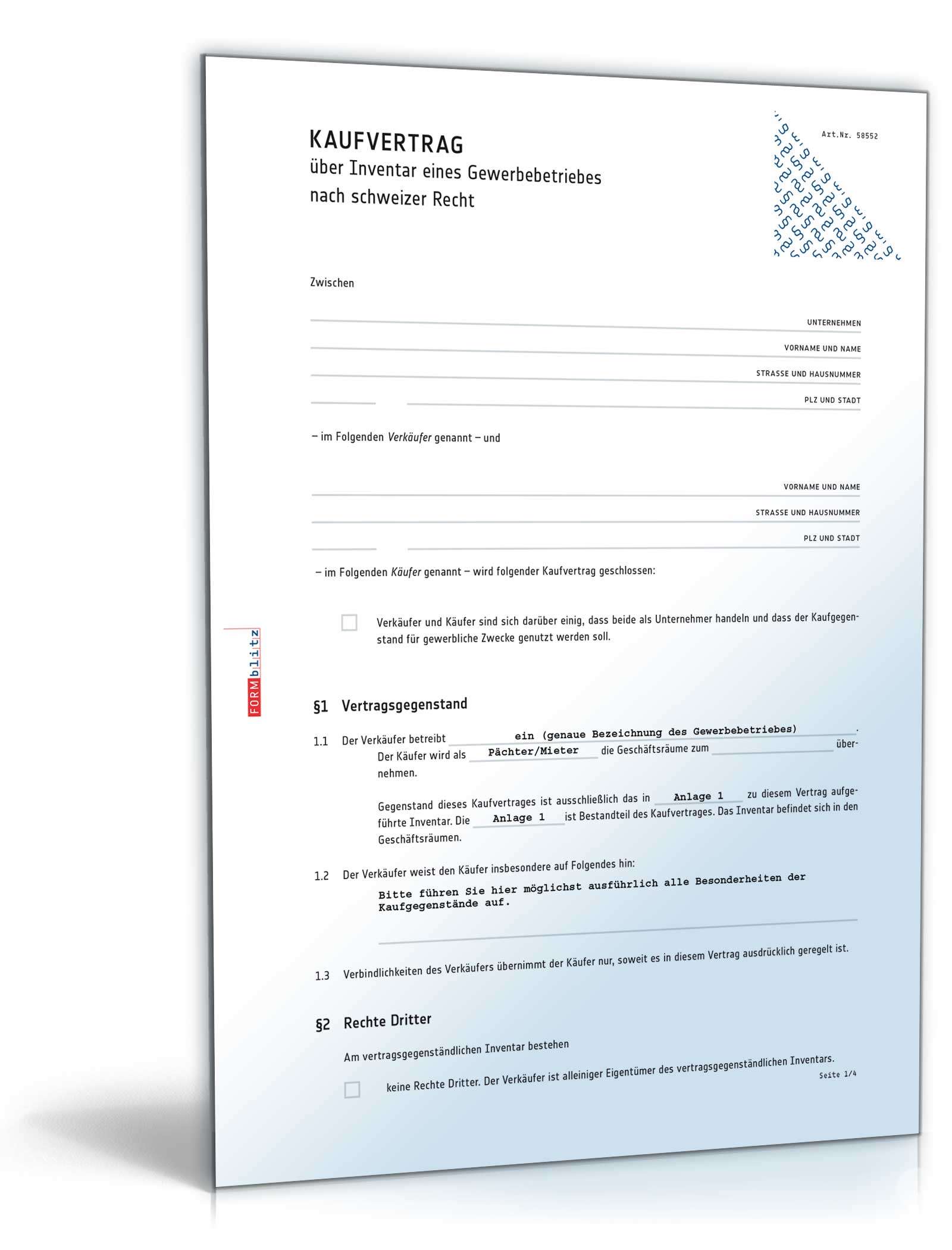 Kaufvertrag über Inventar eines Gewerbebetriebes | Muster zum Download