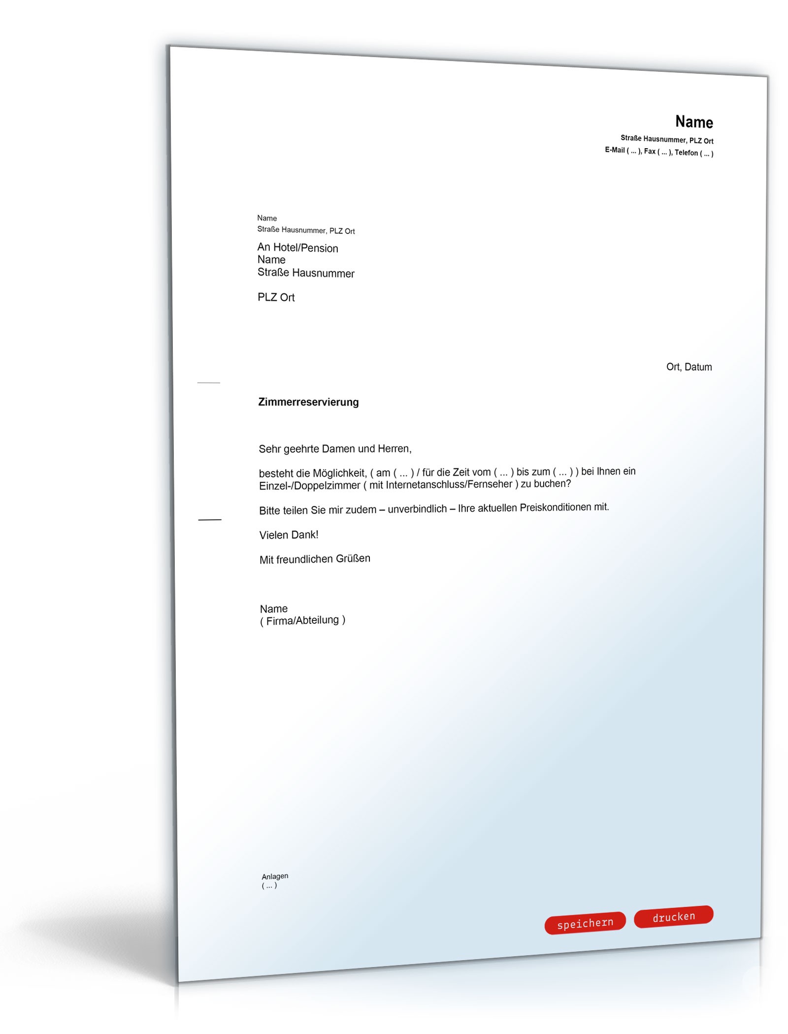 Anfrage wegen Hotelzimmer - Muster-Vorlage zum Download