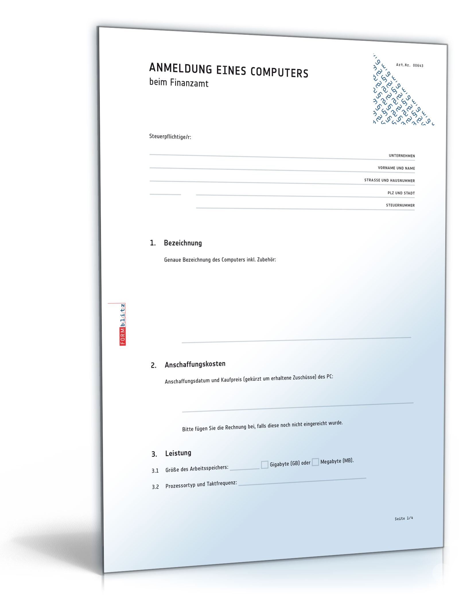 Anmeldung Computer beim Finanzamt - Formular zum Download