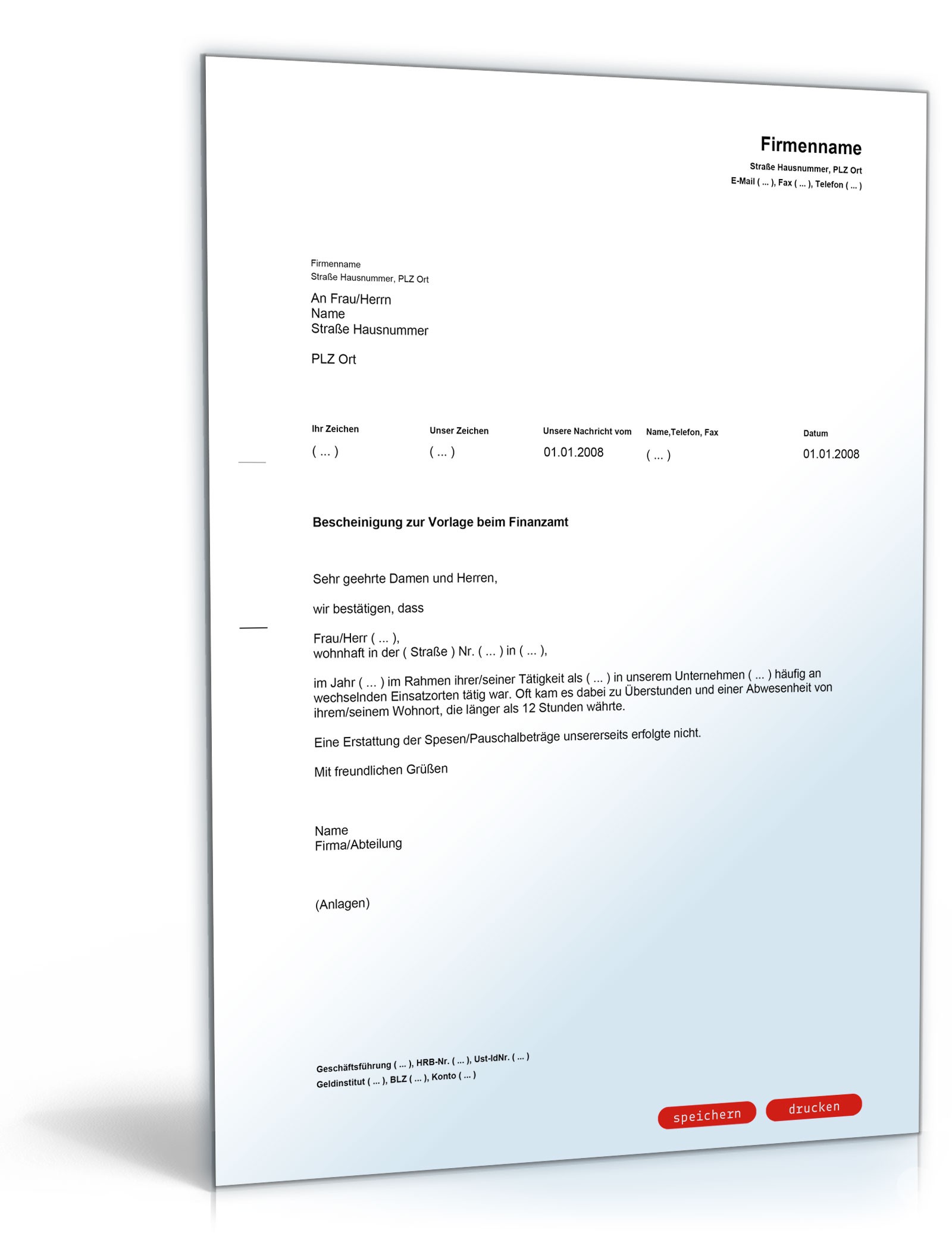 Arbeitgeberbescheinigung (häufige Abwesenheit vom Wohnort) - Muster