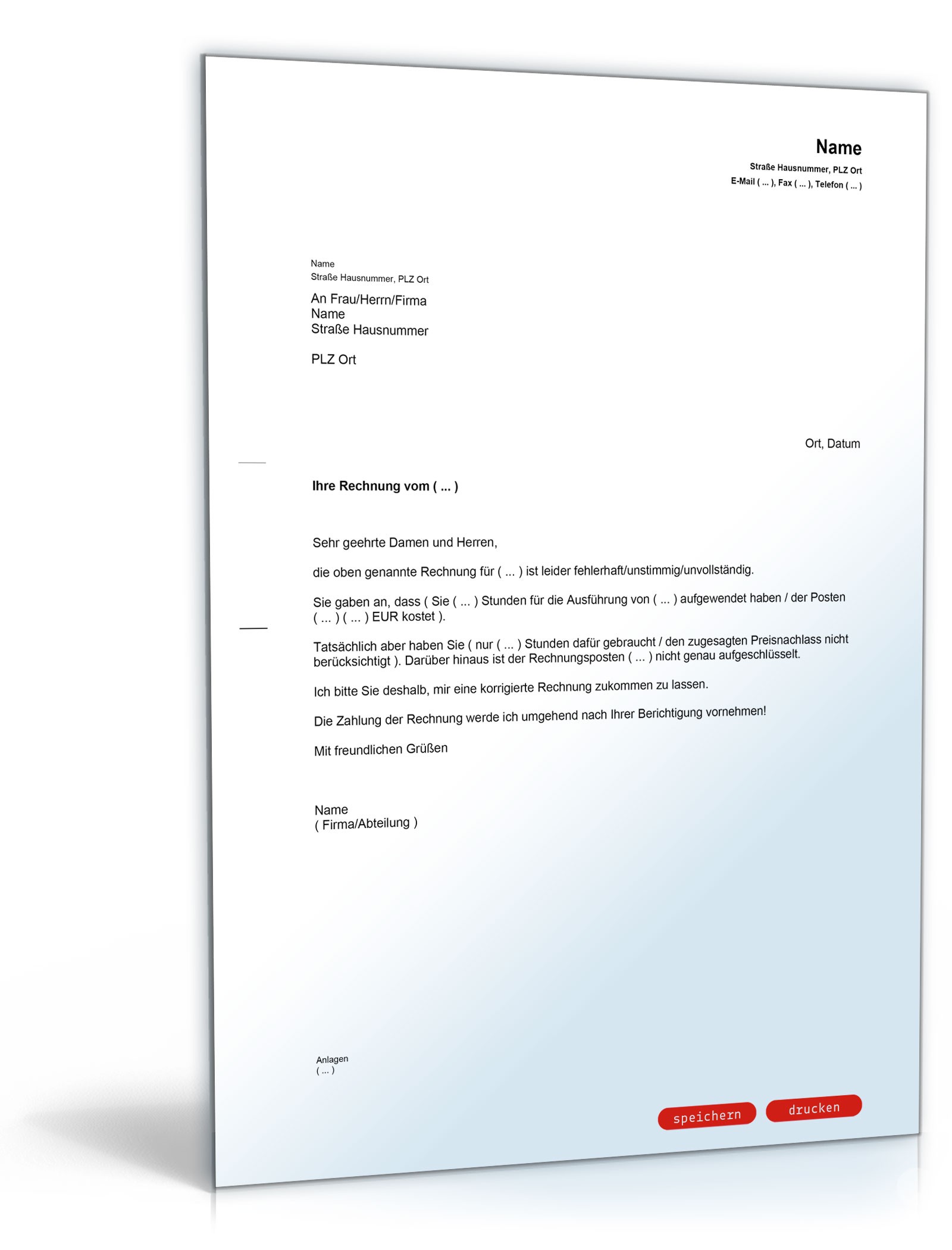 Aufforderung Korrektur Rechnung MusterVorlage zum Download