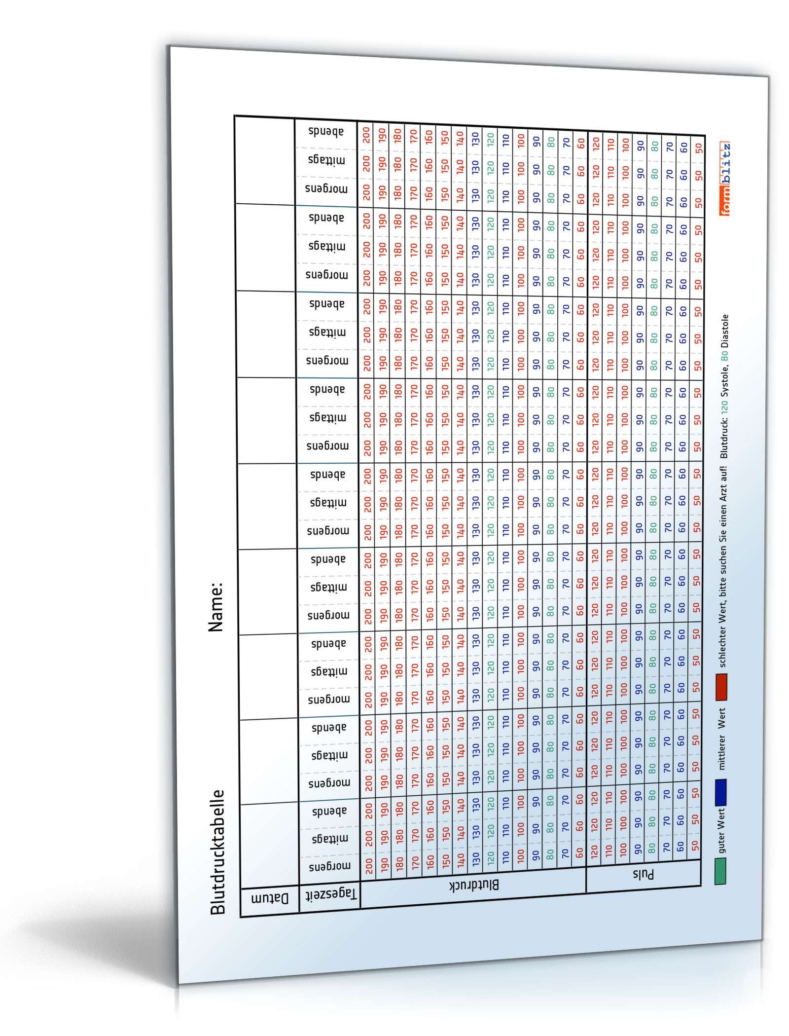 Blutdrucktabelle - Tabelle zum Download