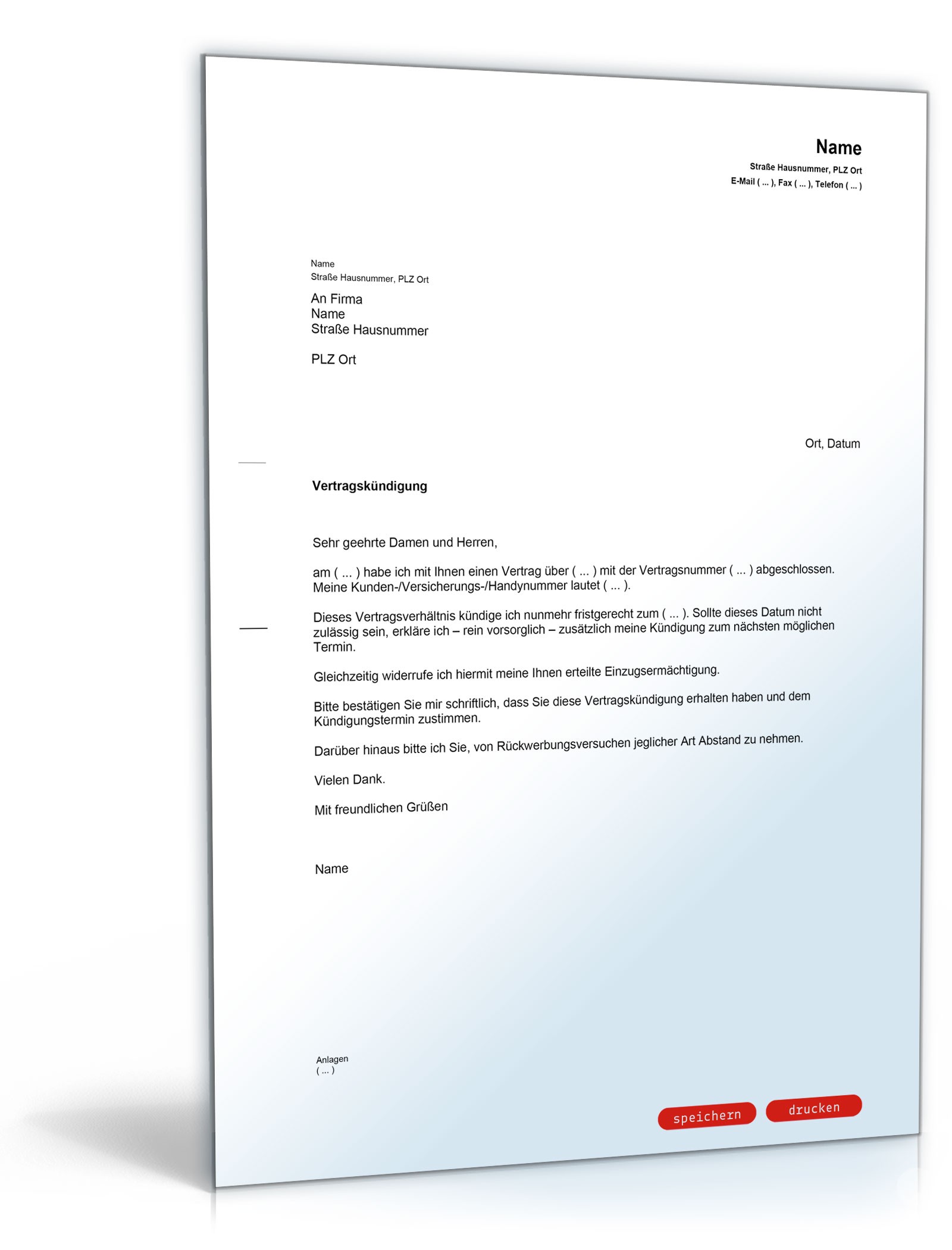 Ordentliche Kündigung Vertrag - Muster-Vorlage zum Download