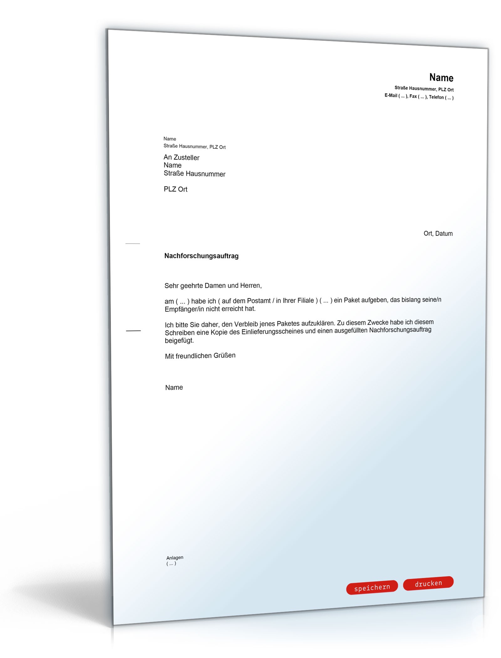 Begleitschreiben Nachforschungsauftrag Paket MusterVorlage zum Download