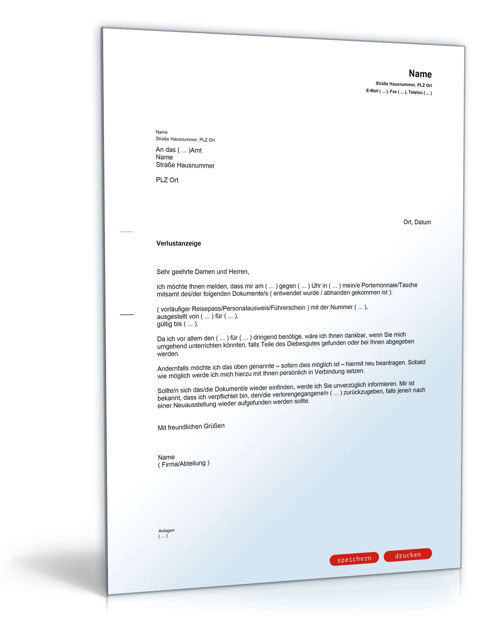 Verlustanzeige (Dokumente) - Muster-Vorlage zum Download