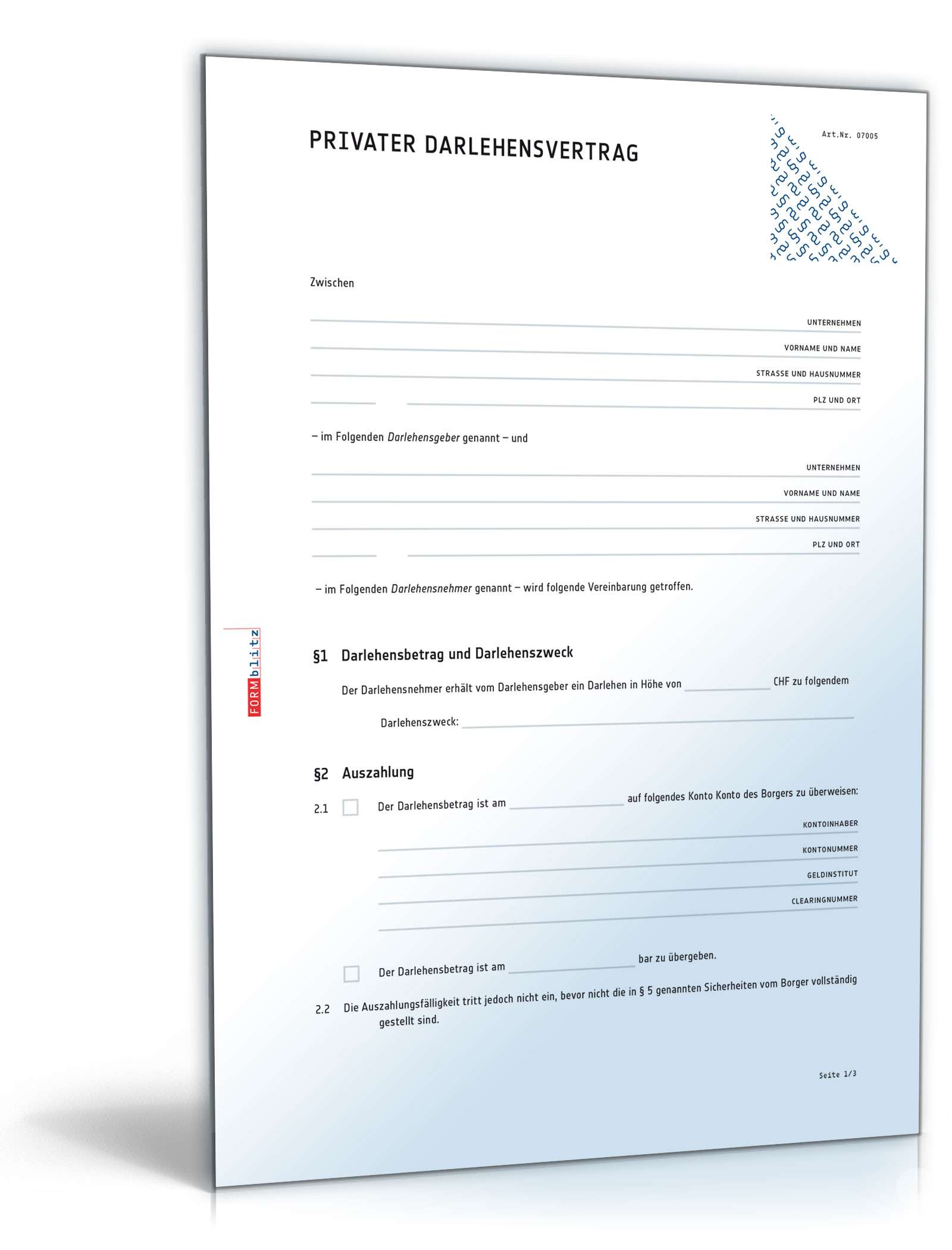 Privater Darlehensvertrag - Muster-Vorlage zum Download