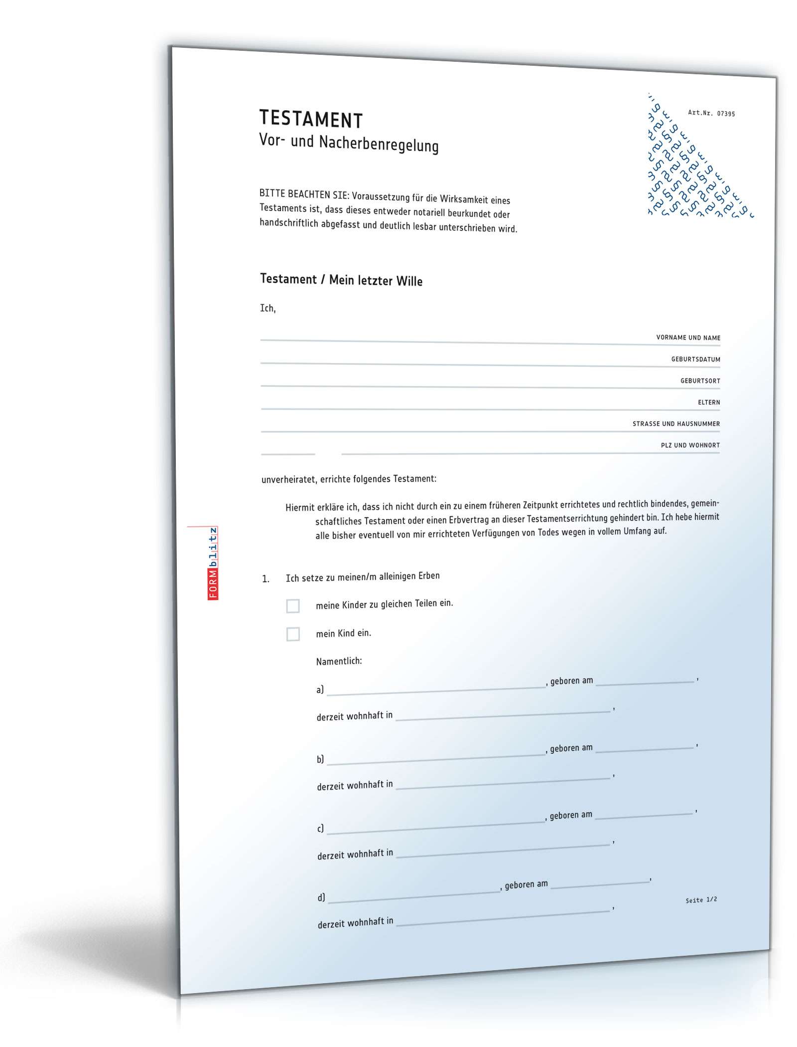 Testament (Vor und Nacherbenregelung) MusterVorlage zum Download