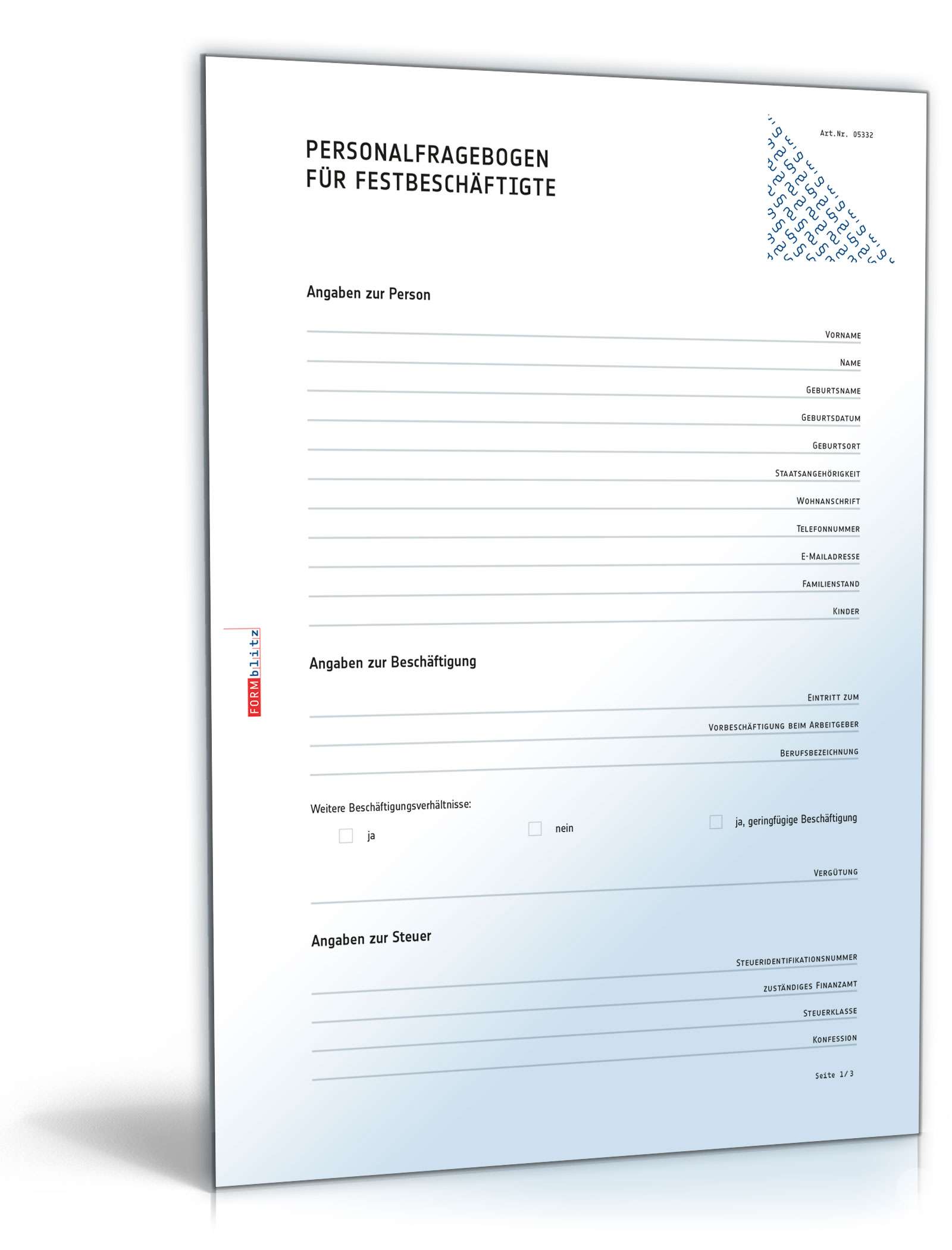 Hauptbild des Produkts: Personalfragebogen für Festbeschäftigte