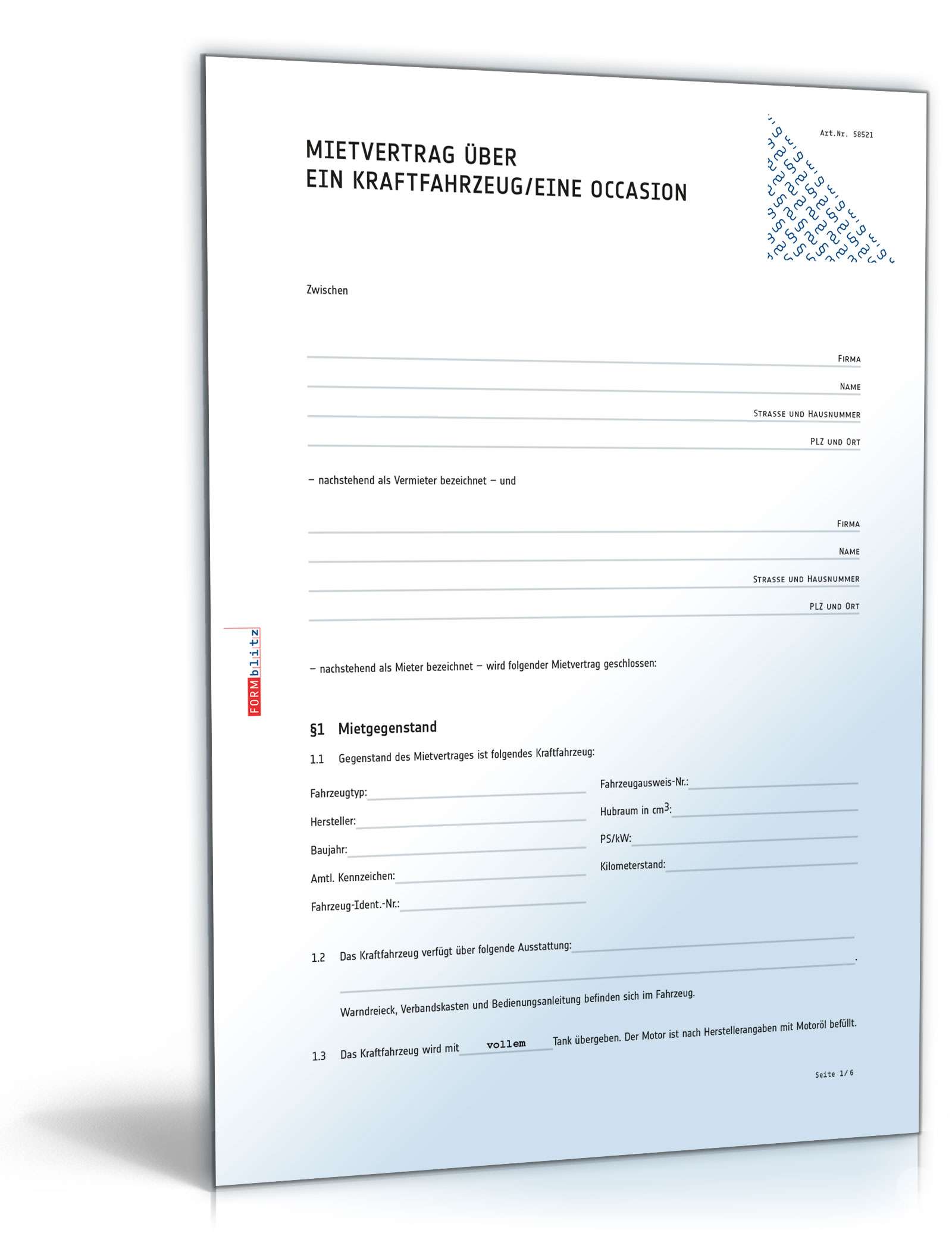 Mietvertrag Kraftfahrzeug/ Occasion Dokument zum Download