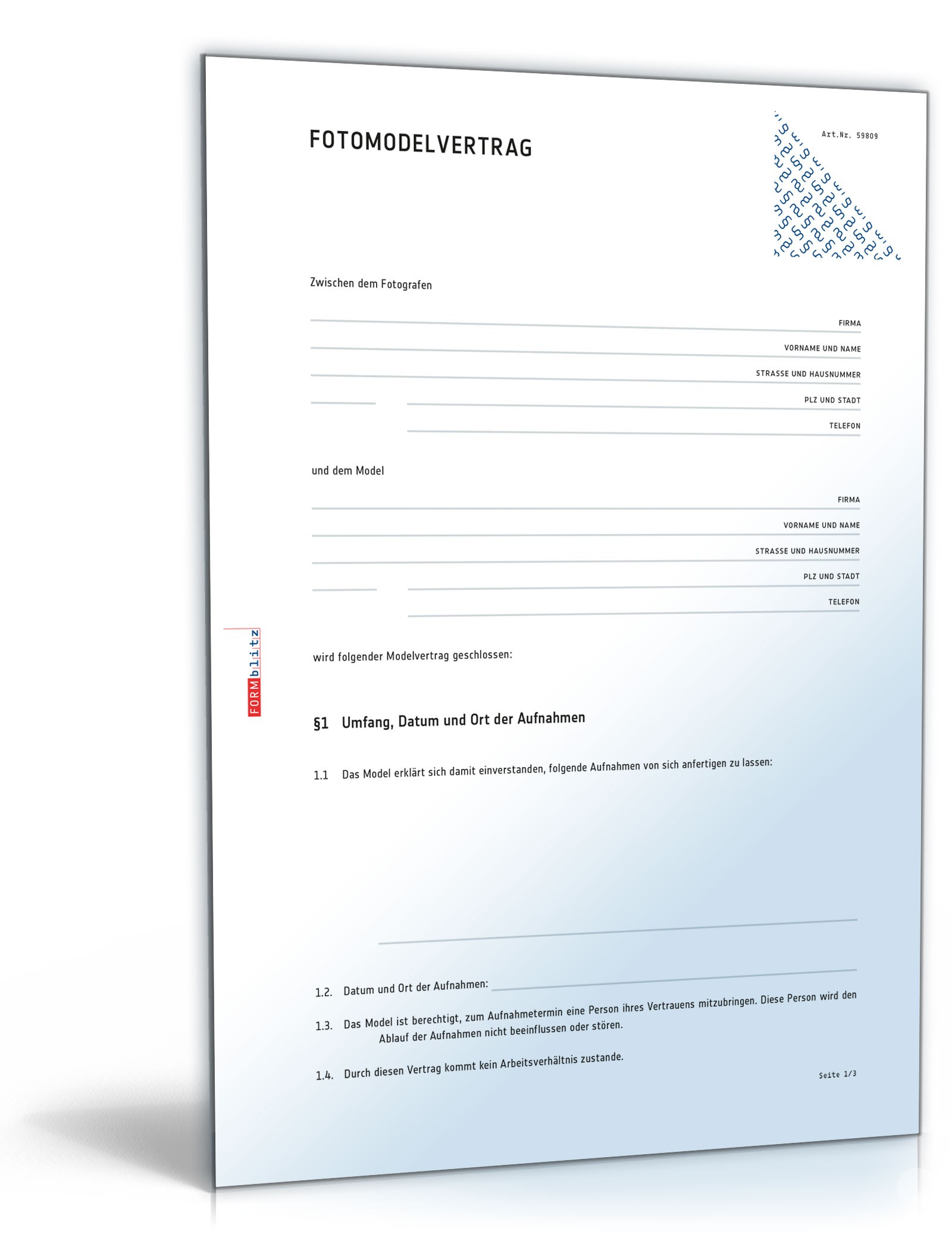 Fotomodelvertrag Dokument zum Download