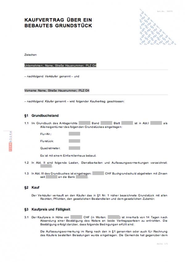 Kaufvertrag über ein bebautes Grundstück MusterVorlage