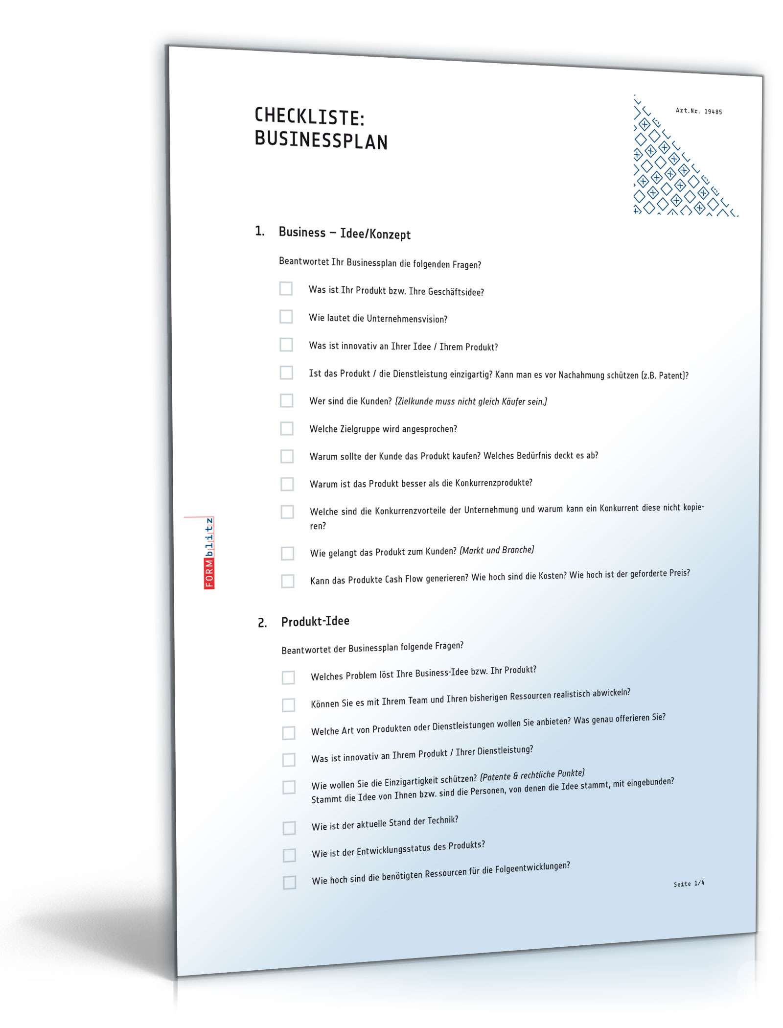 Checkliste für einen Businessplan Dokument zum Download