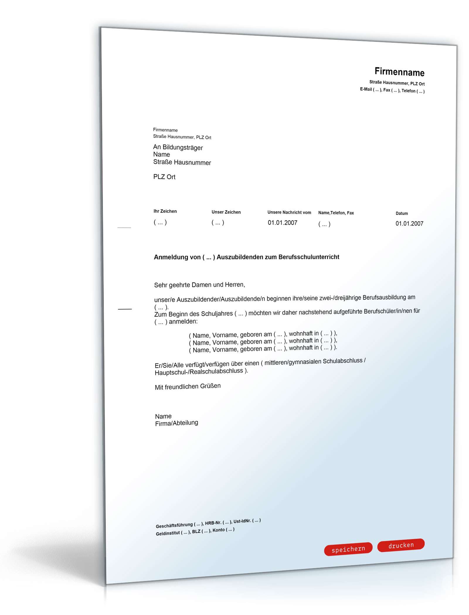 Anmeldung eines Azubi zur Berufsschule - Muster-Vorlage zum Download