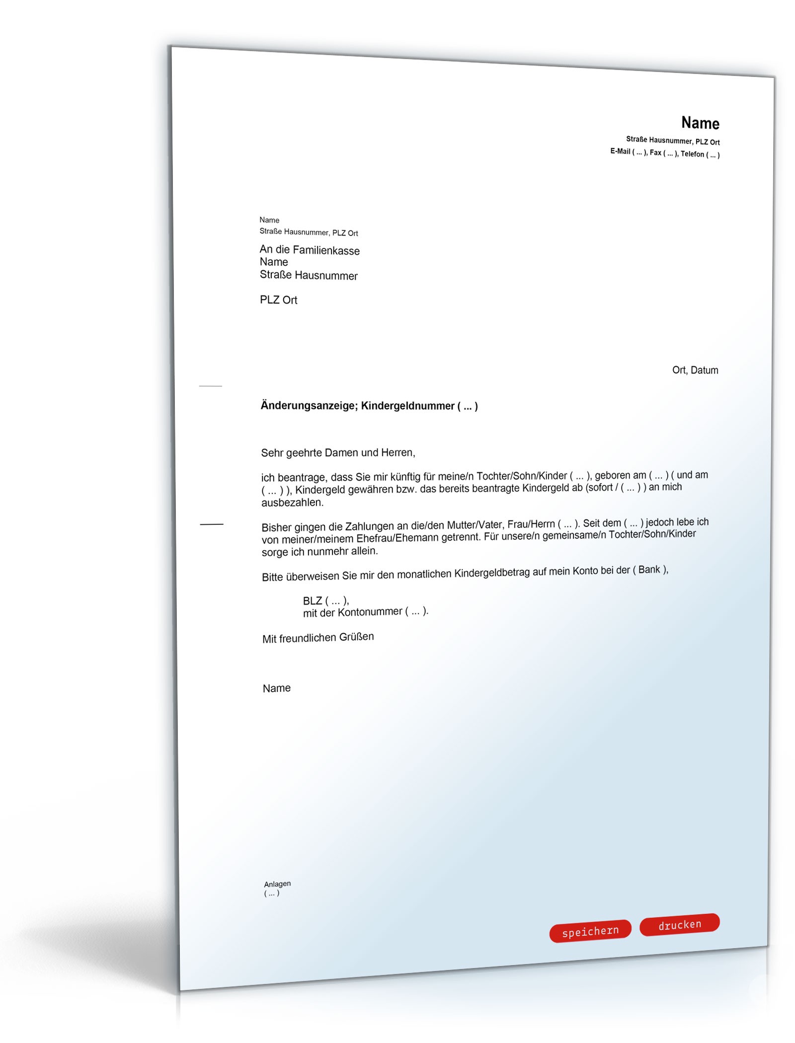 Anderungsanzeige Kindergeld Nach Trennung Muster Vorlage Zum