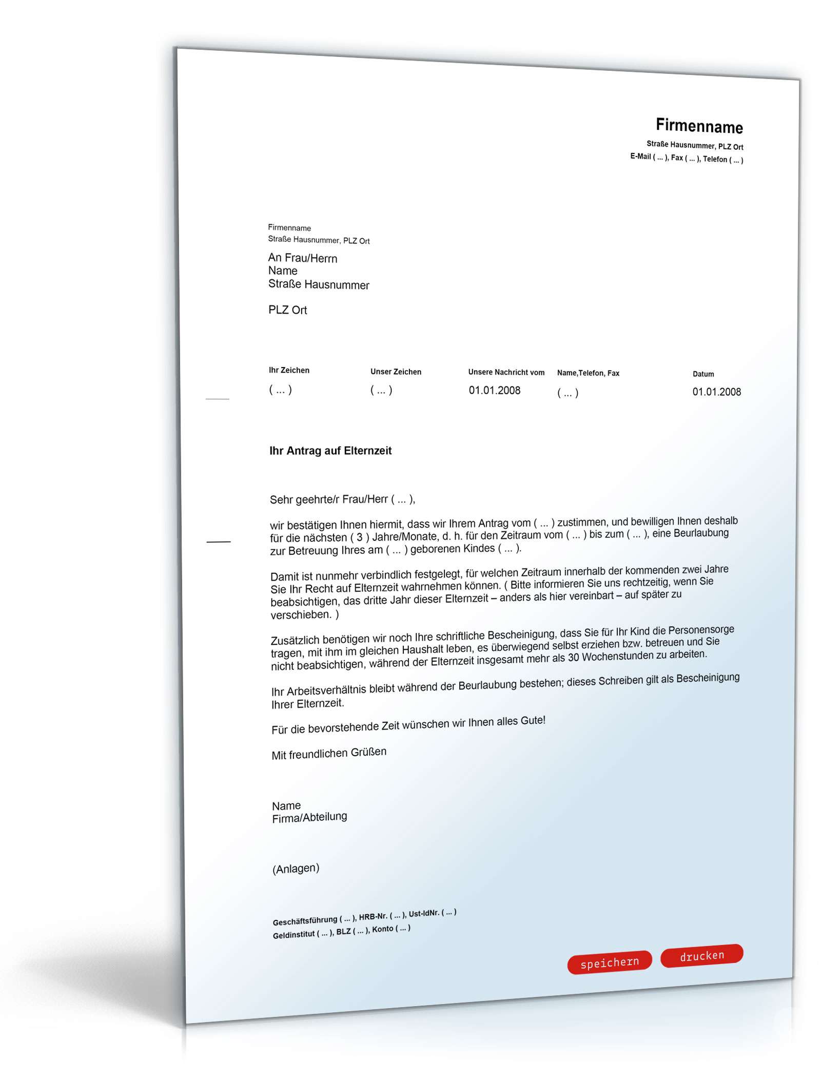 Bewilligung von Elternzeit - Muster-Vorlage zum Download