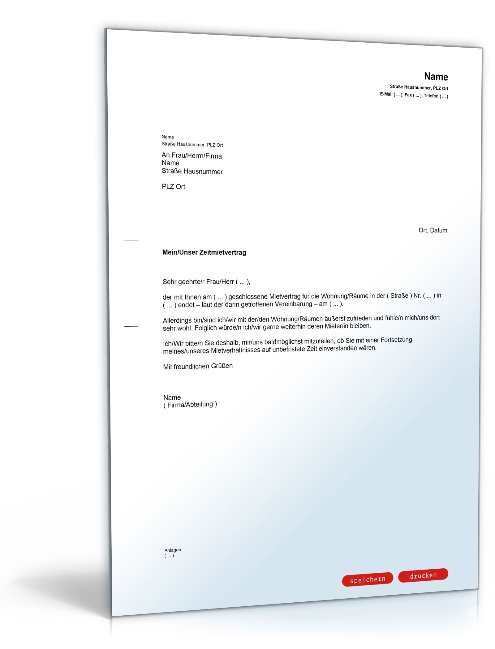 Bitte um unbefristetes Mietverhältnis - Muster-Schreiben ...