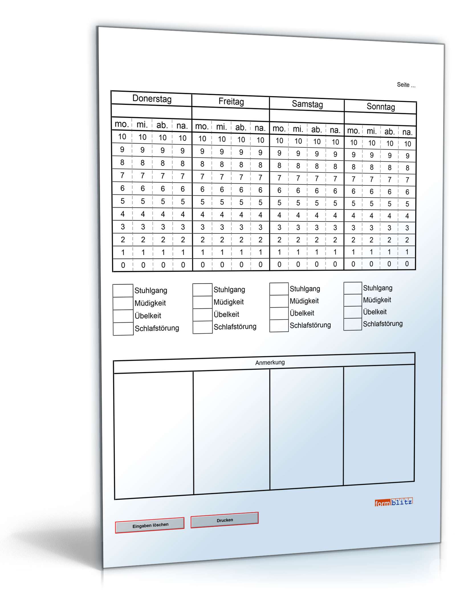 Schmerztagebuch (für eine Woche) - Tabelle zum Download