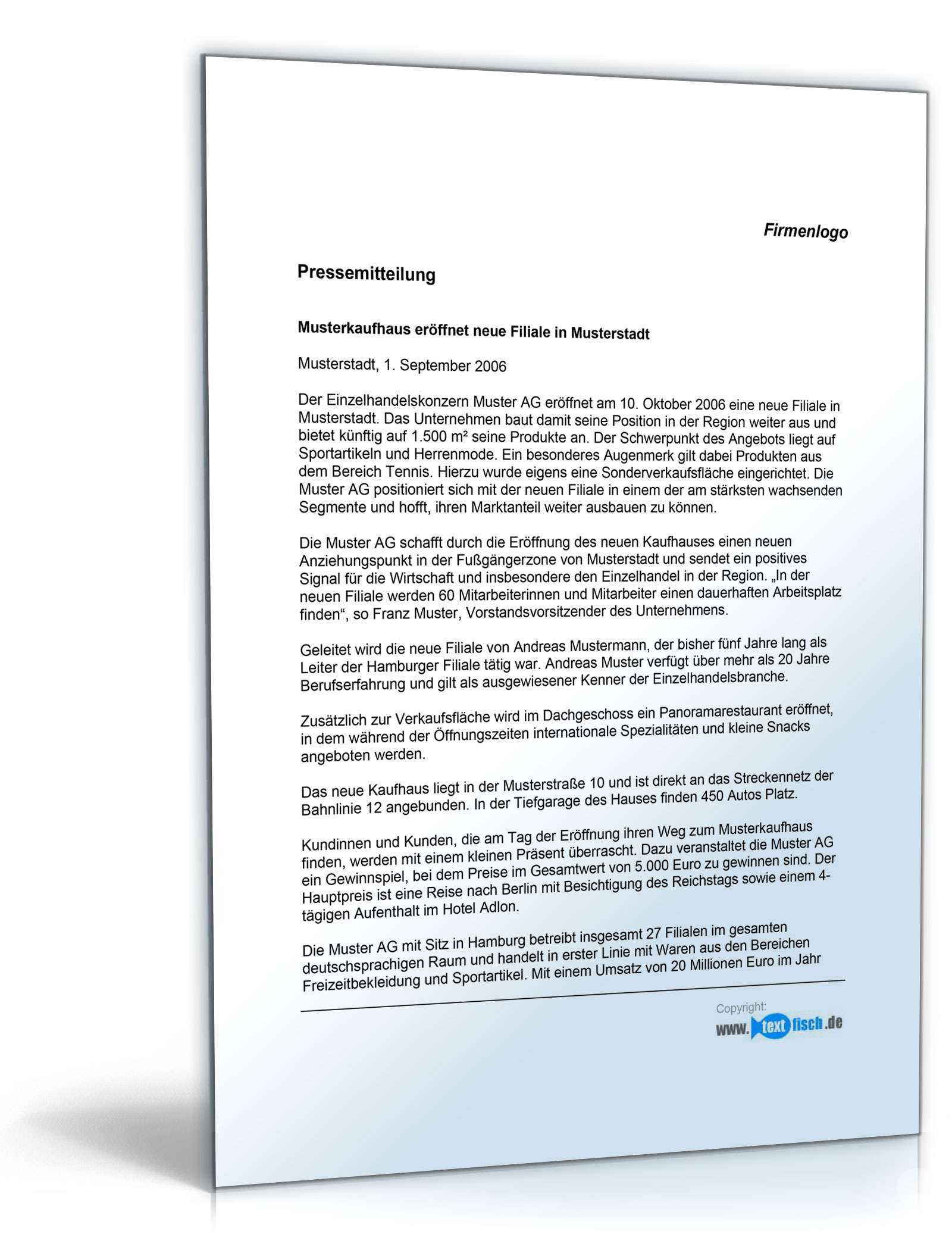 Pressemitteilung über die Eröffnung einer Filiale (Kaufhaus) Dokument zum Download